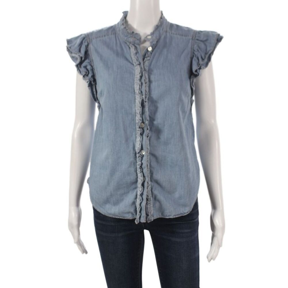 Veronica Beard Women Blue Collared Button Short Sleeve Basic Blouse Size S